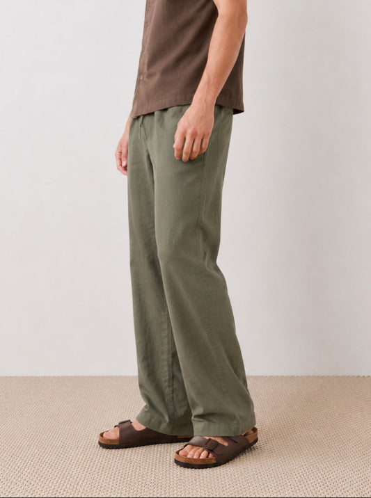 Tall Olive Relaxed Straight Linen-Blend Pants