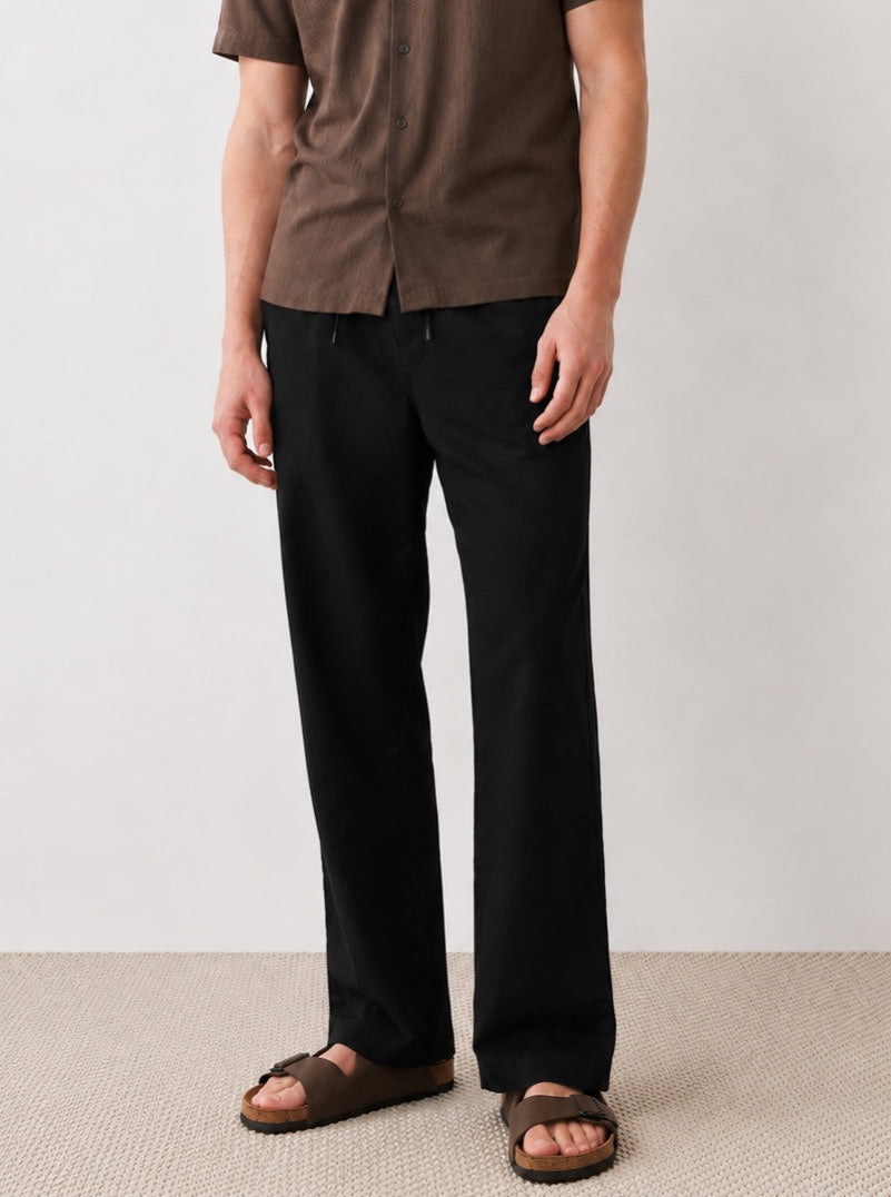 Tall Black Relaxed Straight Linen-Blend Pants