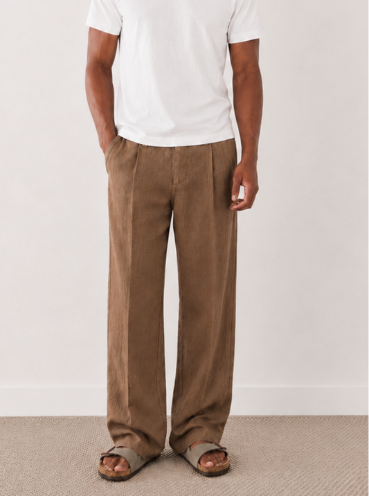 Tall Brown Baggy Linen-Blend Trousers