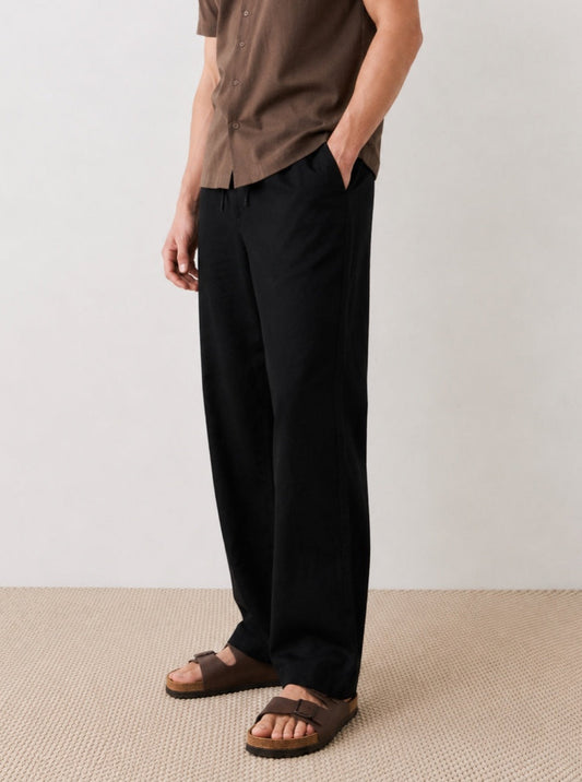 Tall Black Relaxed Straight Linen-Blend Pants