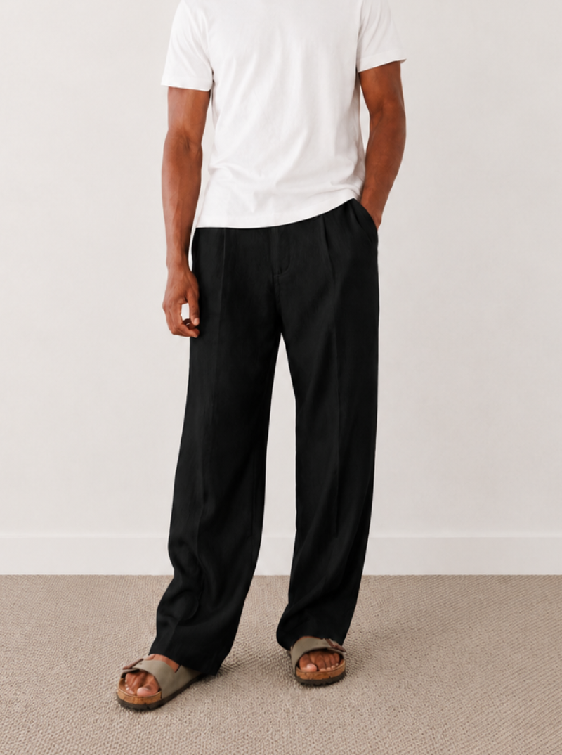 Tall Black Baggy Linen-Blend Trousers