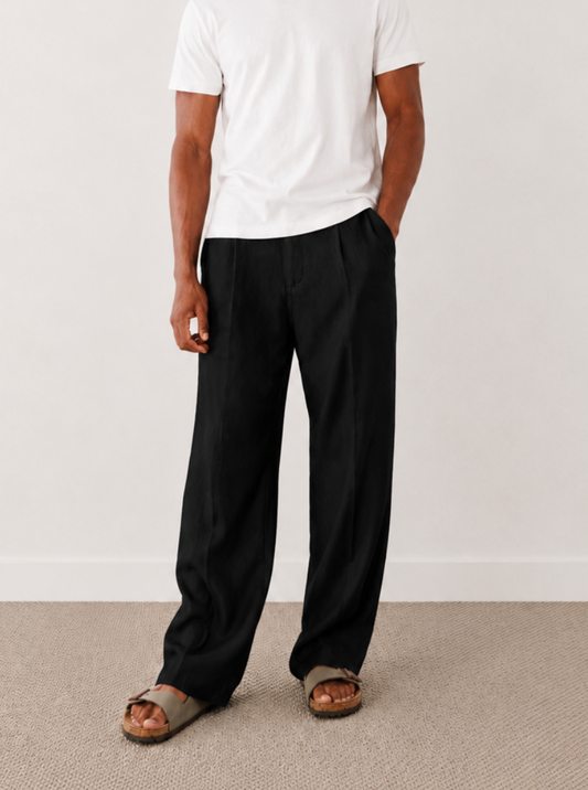 Tall Black Baggy Linen-Blend Trousers