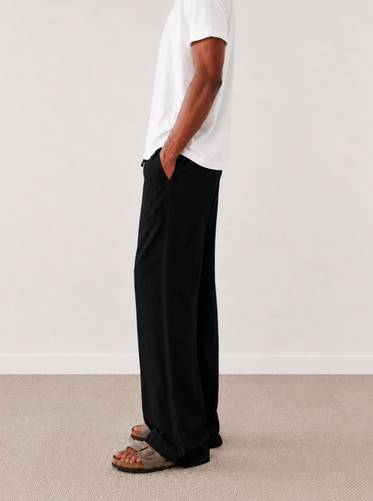 Tall Black Baggy Linen-Blend Trousers