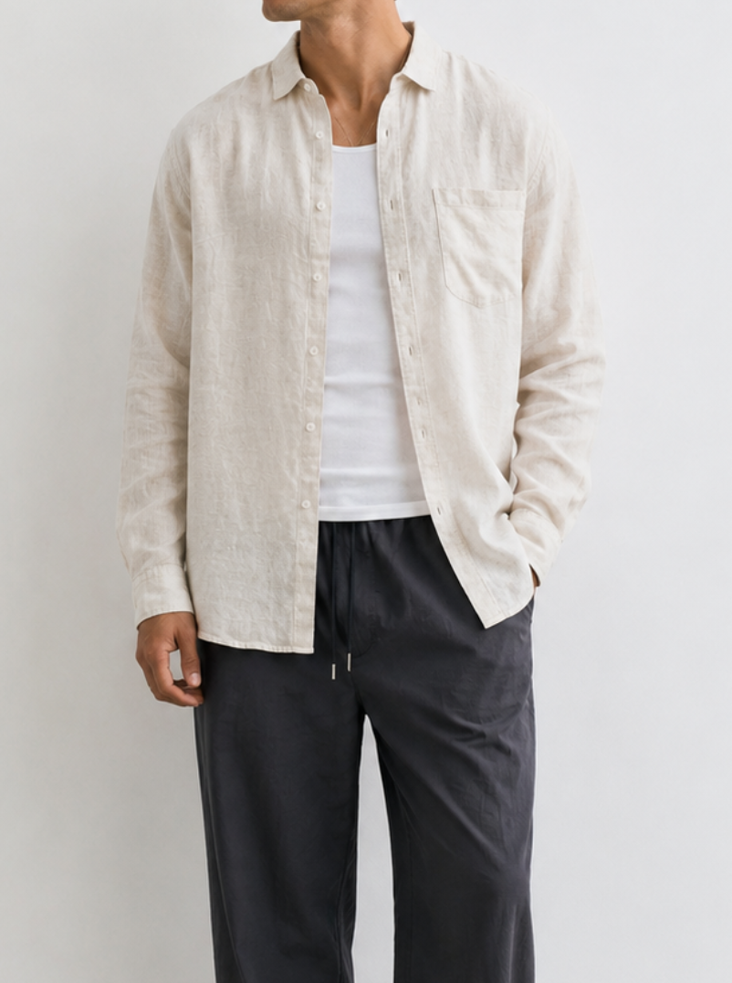 Tall Oatmeal Relaxed Linen-Blend Long Sleeve