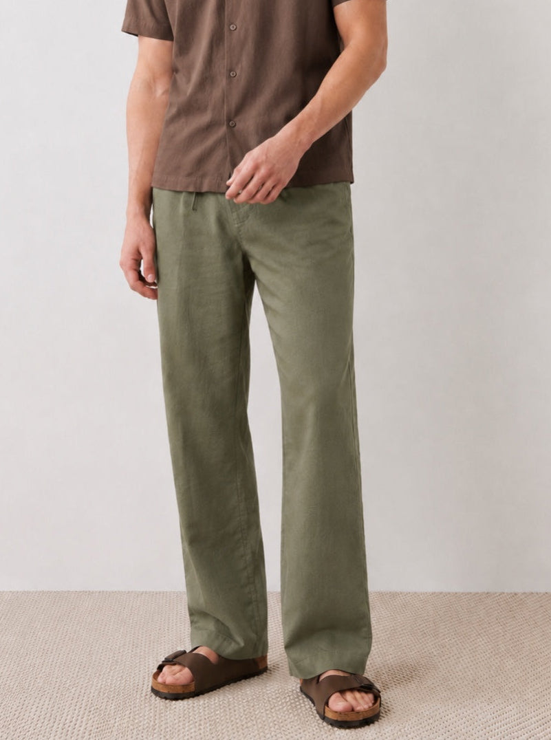 Tall Olive Relaxed Straight Linen-Blend Pants
