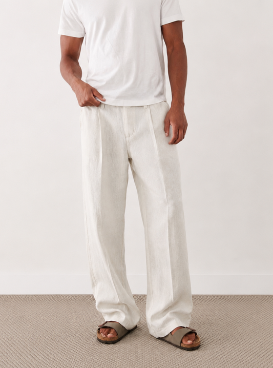Tall White Baggy Linen-Blend Trousers